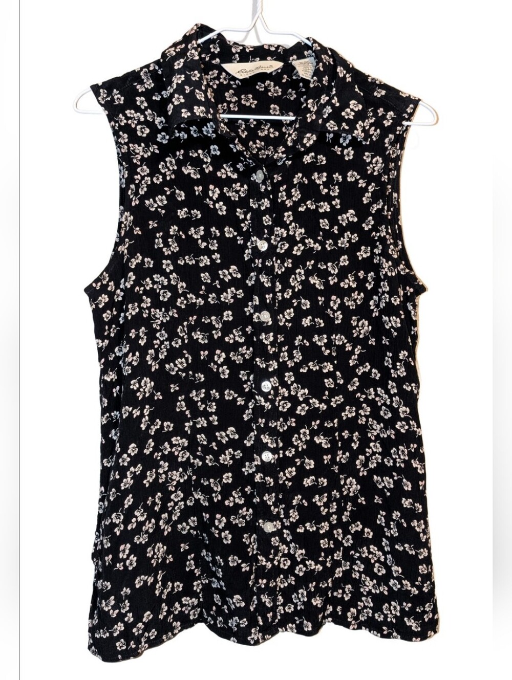 Sleeveless Black Floral Button-Down Shirt